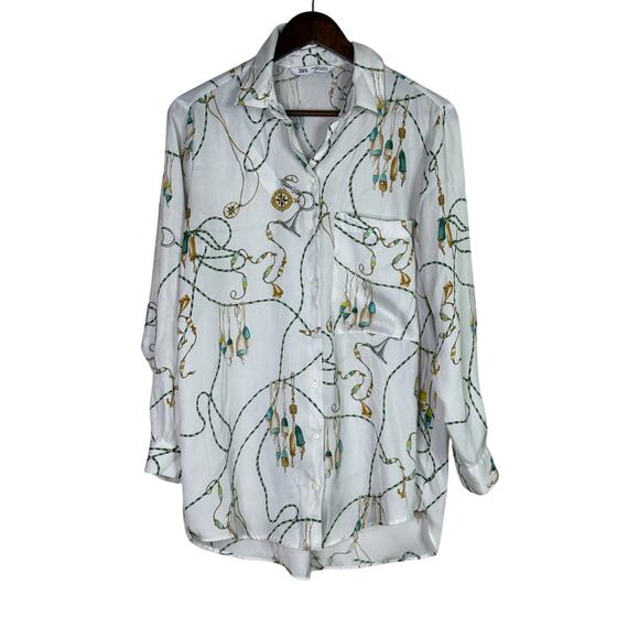 ZARA 90s Vintage Style Nautical Chain Print Silk Feel Blouse Button Up M White - Picture 13 of 14